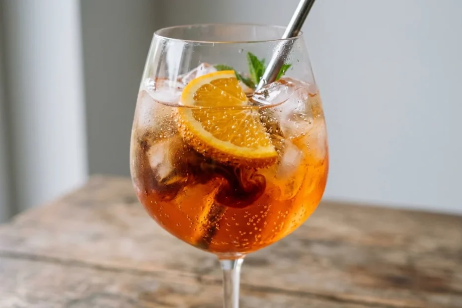 Calice da Spritz con ghiaccio, Aperol, Prosecco e un soffio di caffè espresso con una fetta d'arancia