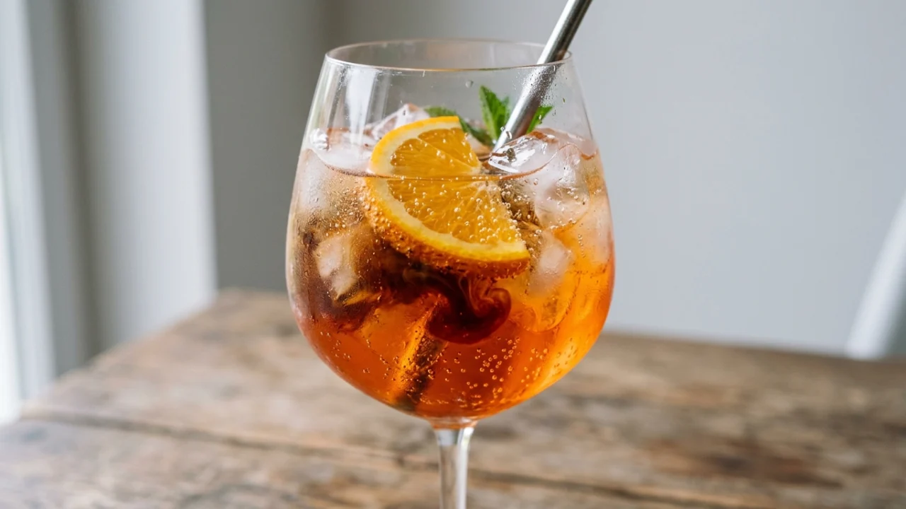 Calice da Spritz con ghiaccio, Aperol, Prosecco e un soffio di caffè espresso con una fetta d'arancia