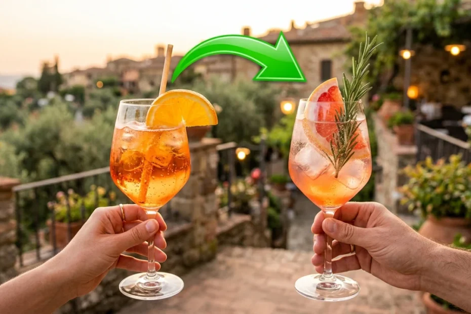 Calice da vino riempito con Aperol Spritz rivisitato, ghiaccio, mezza fetta di pompelmo rosa e un rametto di rosmarino fresco