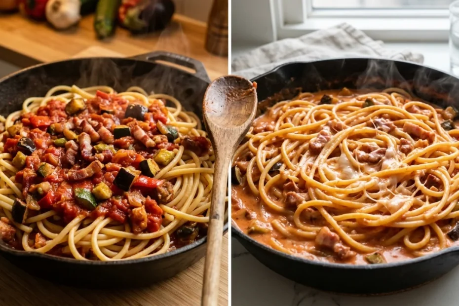 Un piatto di bucatini al faro conditi con verdure fritte, sugo rosato e formaggio filante