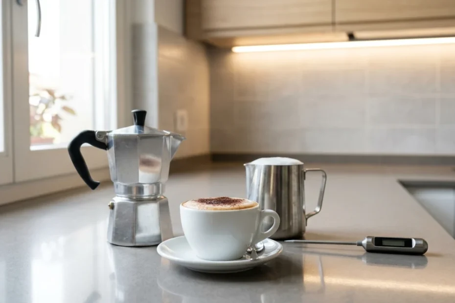 Un cappuccino cremoso servito in una tazza di ceramica bianca accanto a una tazzina di espresso