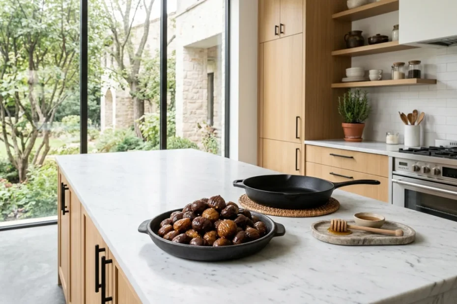 Castagne al miele in padella ricoperte da una glassa lucida e speziata con cannella