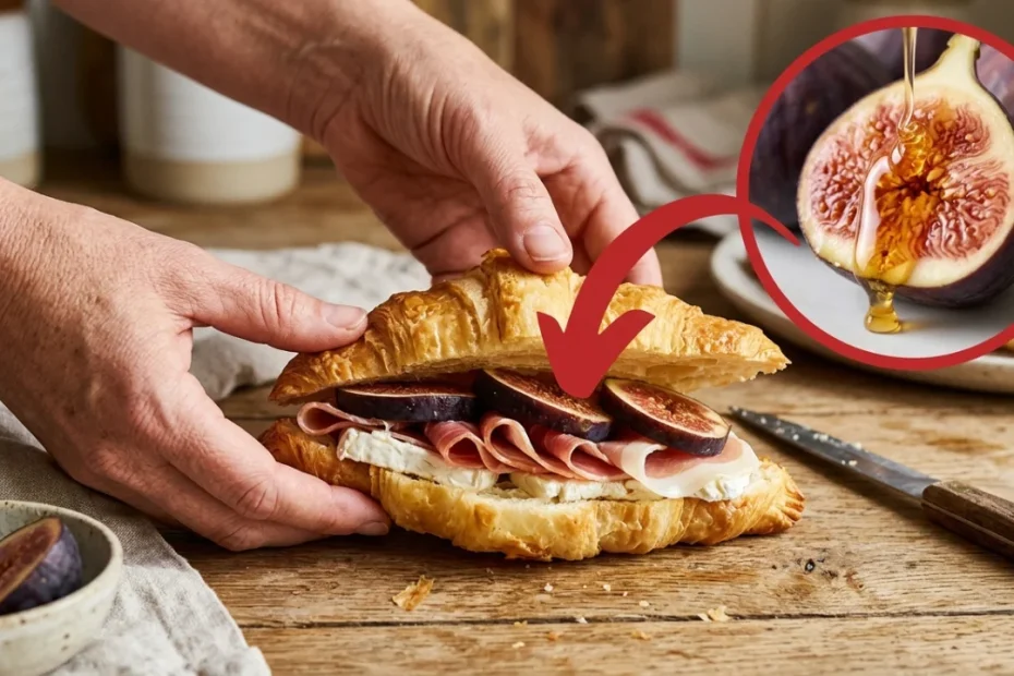 Cornetto sfogliato dorato farcito con crema di formaggio robiola, prosciutto crudo e confettura di fichi