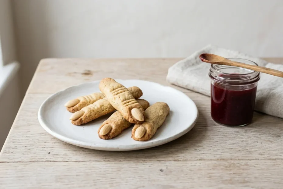 Biscotti dita di strega allineati su carta da forno con unghie di mandorla e confettura di lamponi