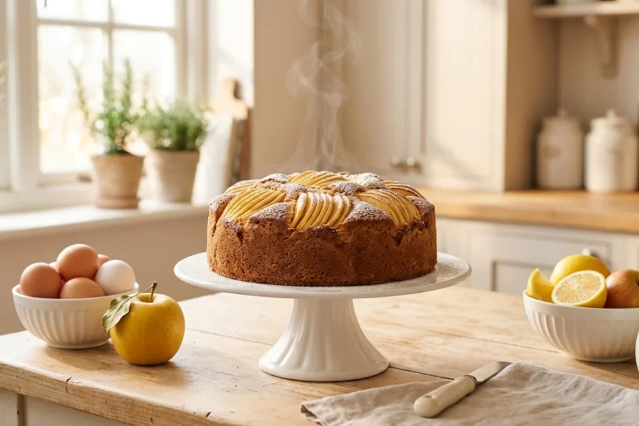Una fetta di torta di mele soffice e dorata servita su un piatto da dolce