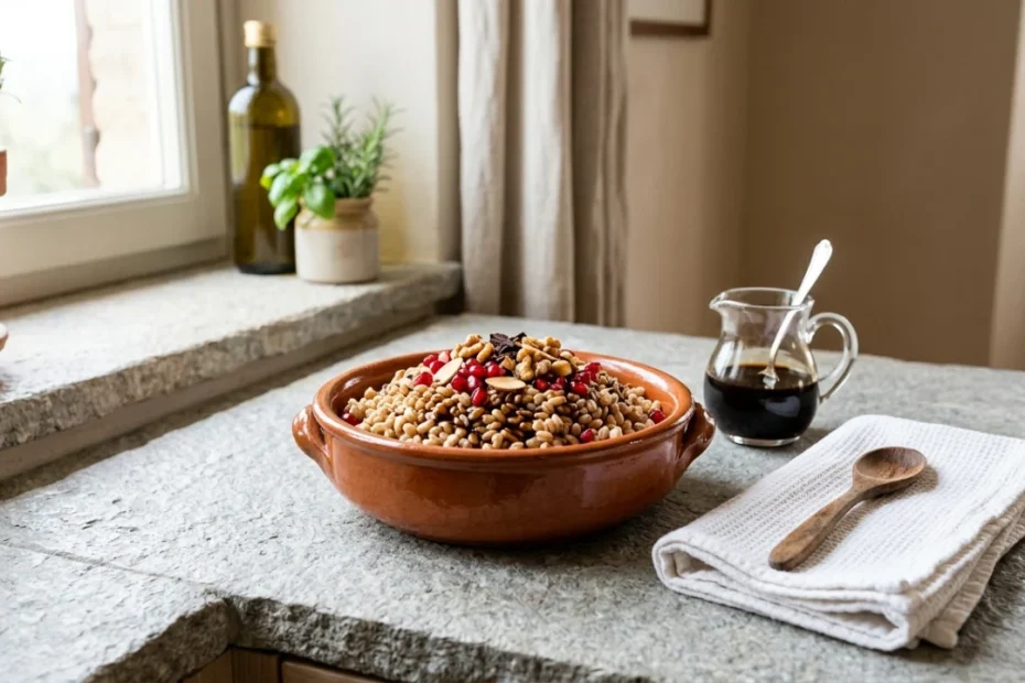 Ciotola di terracotta con colva pugliese, grano cotto, chicchi di melagrana, noci e vincotto