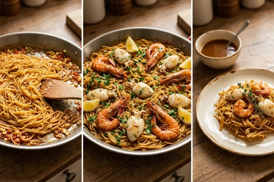 Una padella tradizionale con Fideuà ai frutti di mare e spaghettini tostati