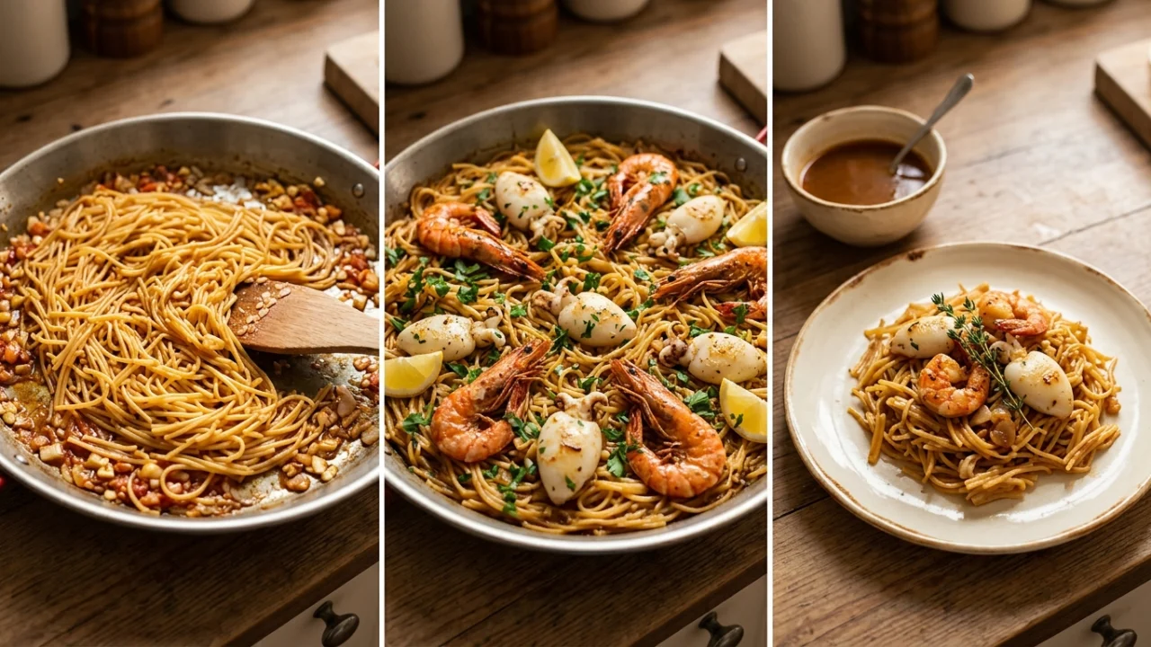 Una padella tradizionale con Fideuà ai frutti di mare e spaghettini tostati
