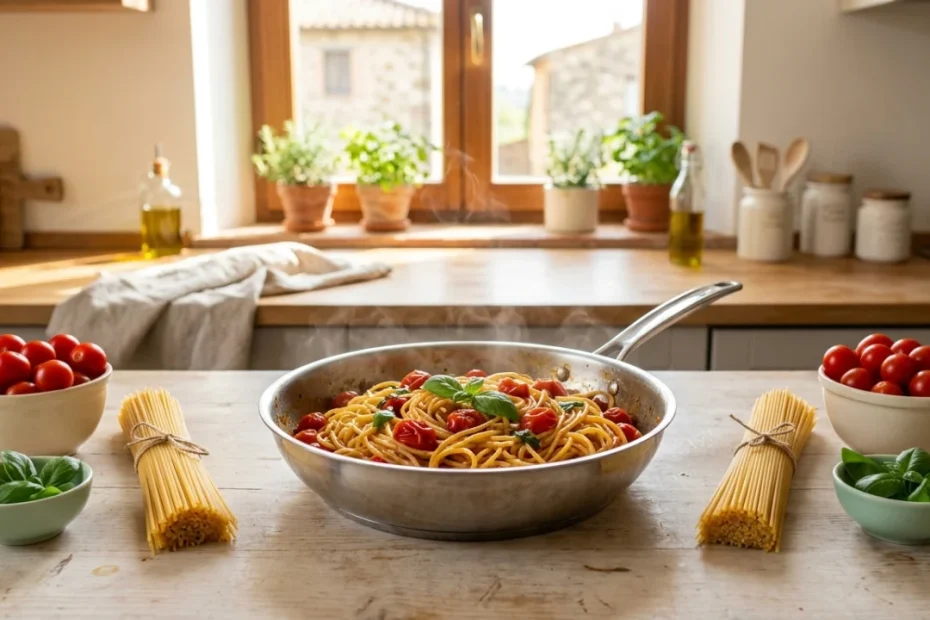 Piatto di spaghetti con sugo espresso di pomodorini freschi e basilico