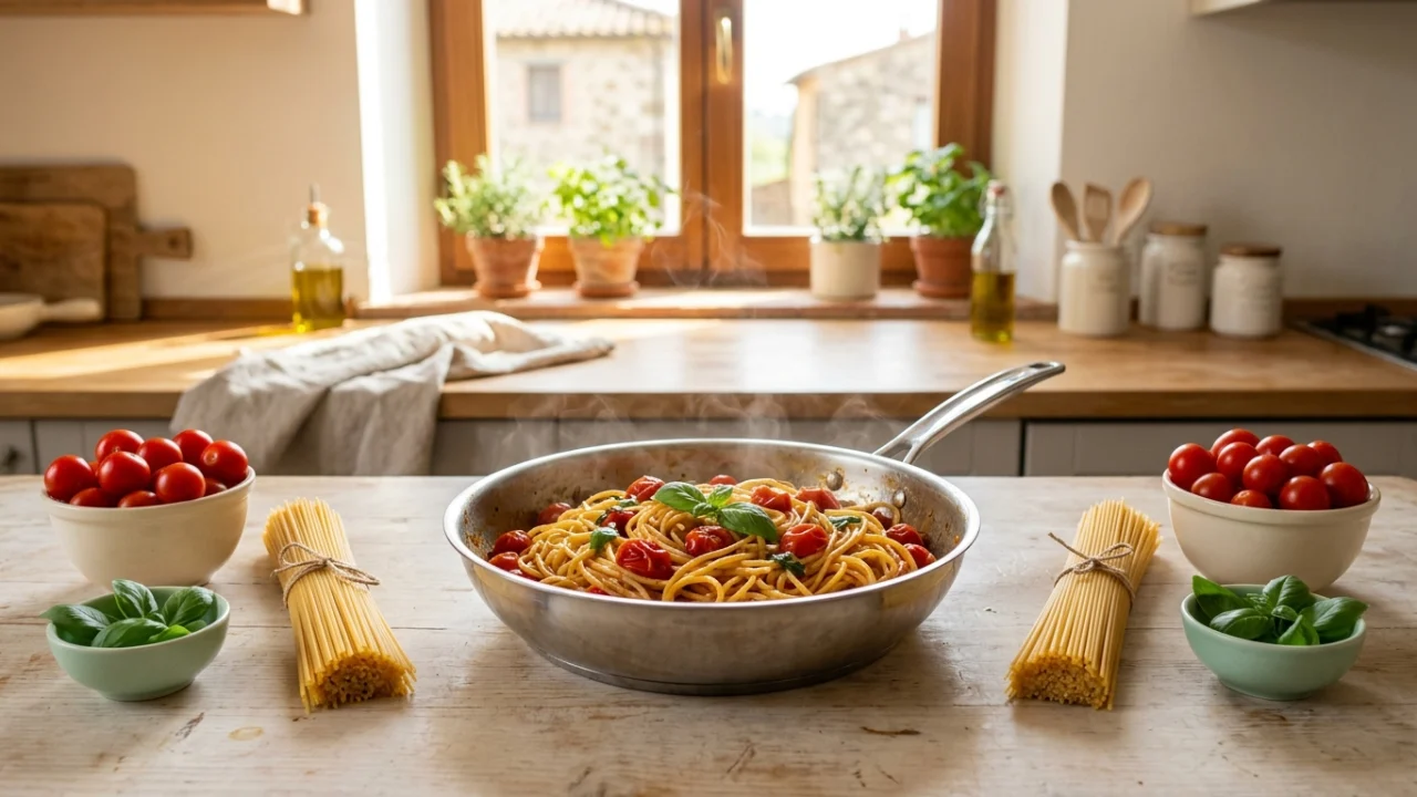 Piatto di spaghetti con sugo espresso di pomodorini freschi e basilico