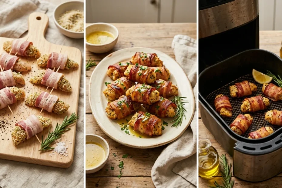 Mini polpettoni di pollo con pancetta e ingredienti sul piano da lavoro