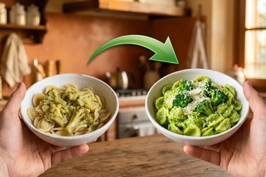 Piatto di pasta con broccoli mantecata e cimette intere