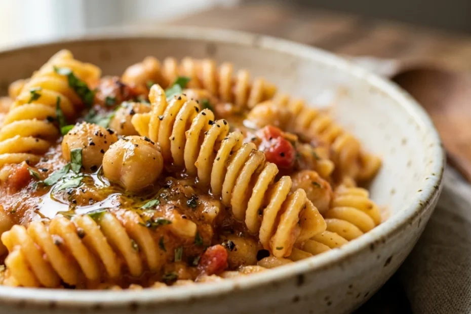 Un piatto caldo di pasta e ceci cremosa condito con olio extravergine d'oliva e rosmarino