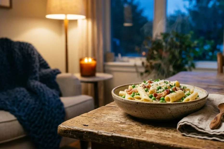 Un piatto fumante di pasta e piselli alla napoletana ben mantecata con pancetta e piselli fini