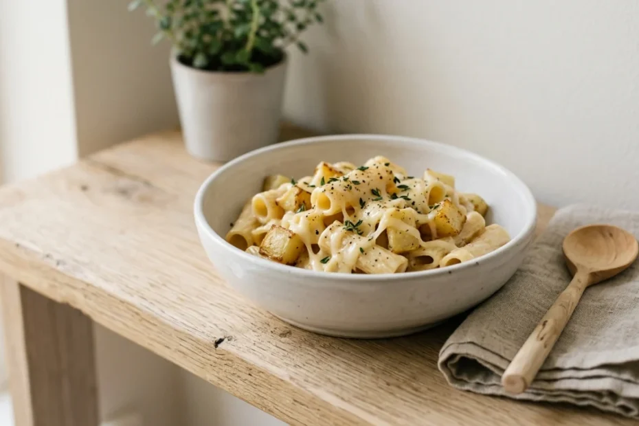 Piatto di pasta con patate e provola affumicata filante