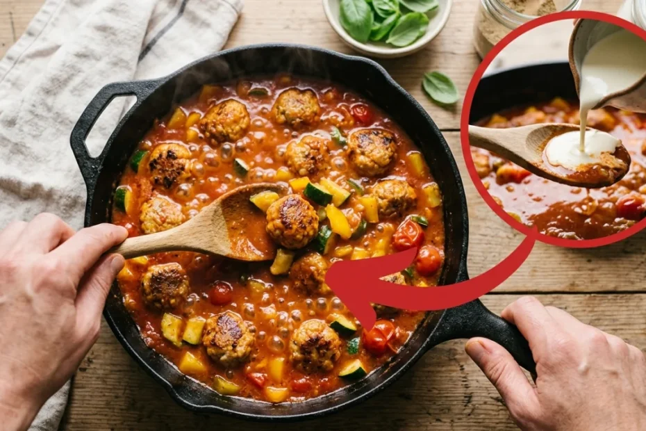 Polpette di carne morbide rosolate in padella con salsa cremosa di pomodori e verdure