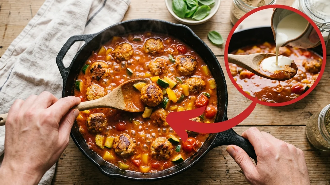 Polpette di carne morbide rosolate in padella con salsa cremosa di pomodori e verdure