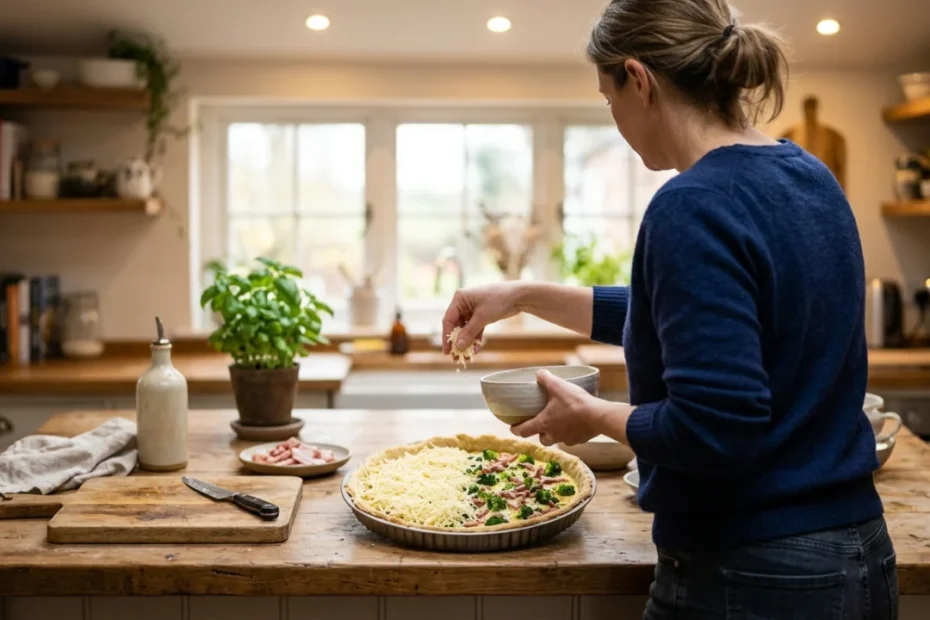 Quiche dorata con broccoli, cubetti di pancetta e superficie di formaggio fuso