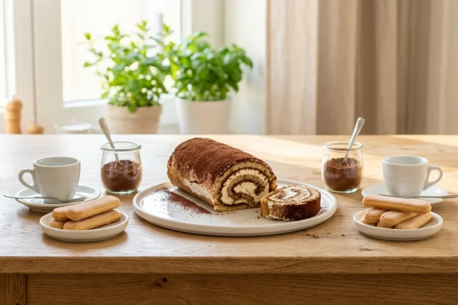 Rotolo tiramisù farcito con crema al mascarpone e decorato in superficie con cacao amaro