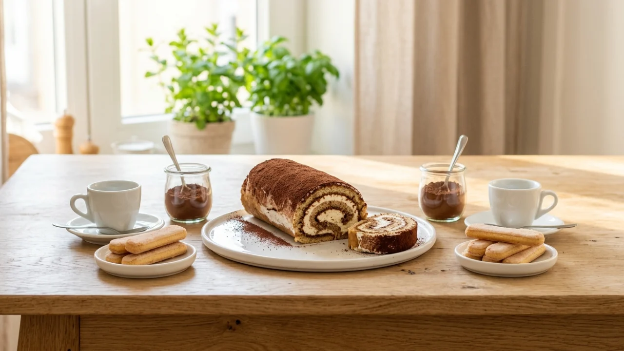 Rotolo tiramisù farcito con crema al mascarpone e decorato in superficie con cacao amaro