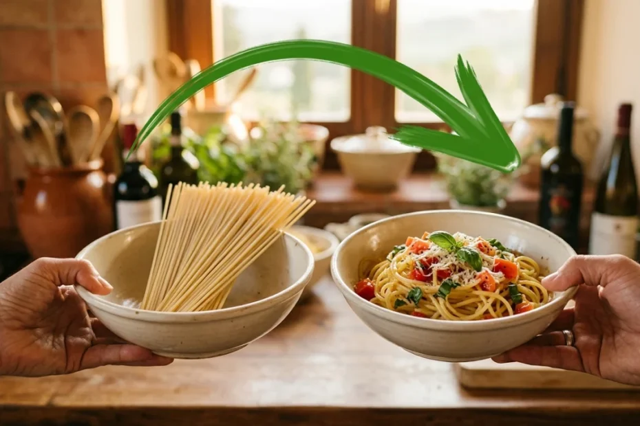 Piatto di spaghetti alla picchio pacchio con pomodoro fresco e basilico