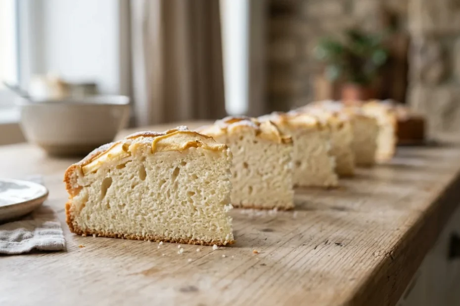 Una fetta di soffice torta di mele all'acqua spolverizzata di zucchero a velo su un piatto di ceramica