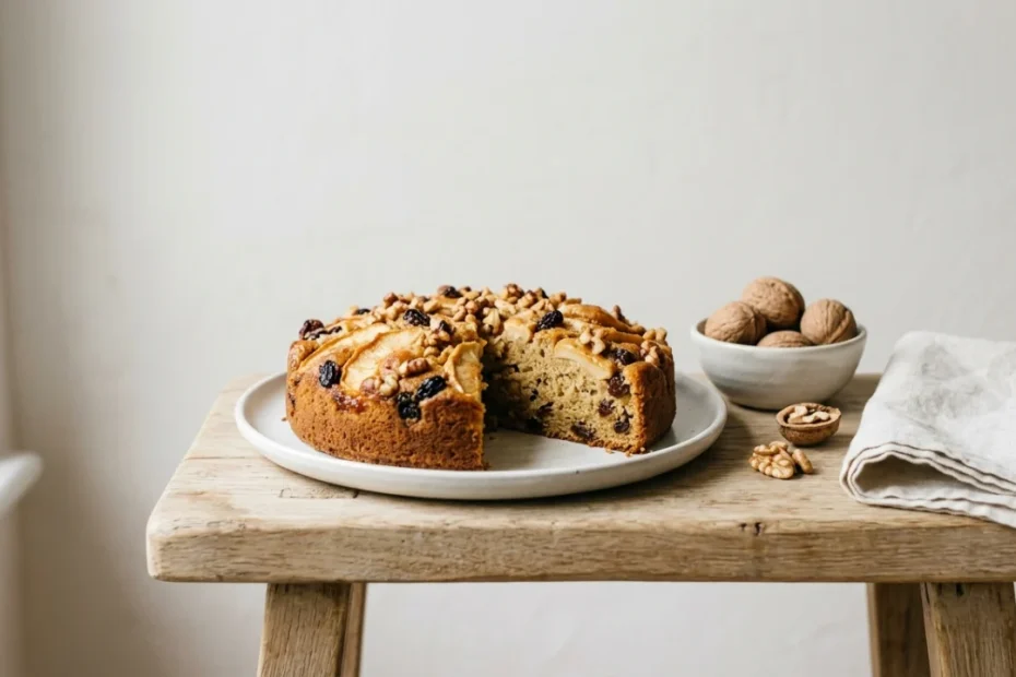 Torta di mele con noci croccanti e uvetta servita in teglia