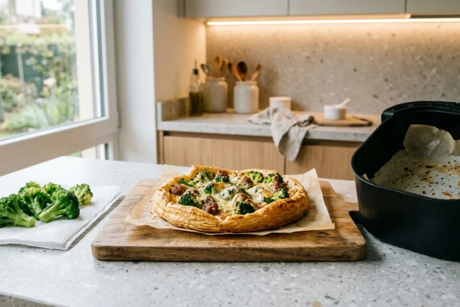 Torta salata con broccoli, salsiccia e scamorza affumicata cotta in friggitrice ad aria